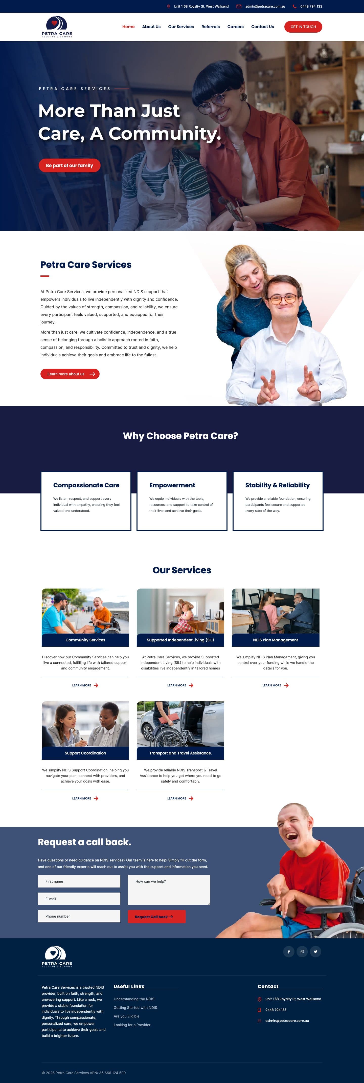 Petra Care Services website homepage — Community care web design by WebGaze (2024)