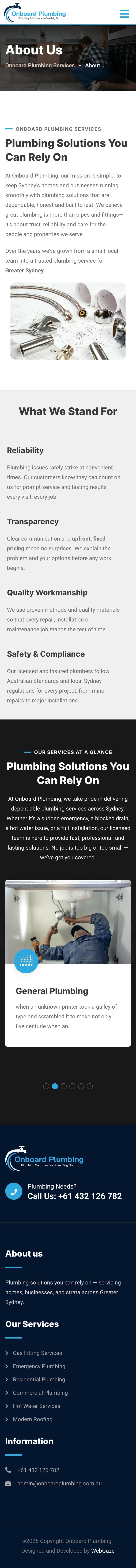 Onboard Plumbing website on mobile — responsive design by WebGaze