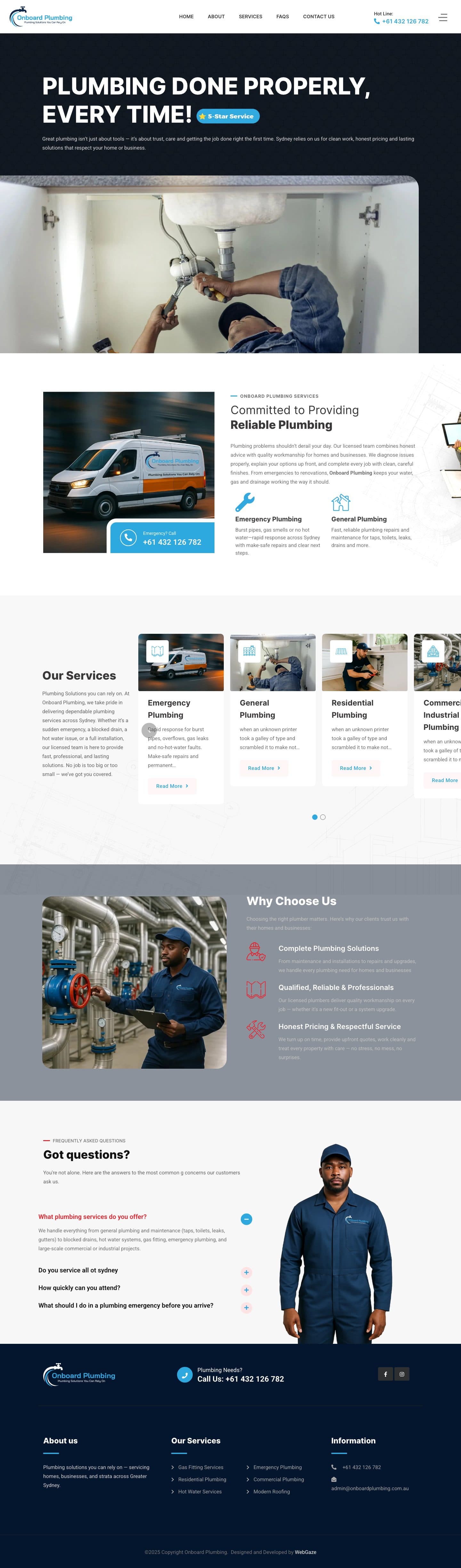 Onboard Plumbing website homepage — Trades and local services web design by WebGaze (2023)
